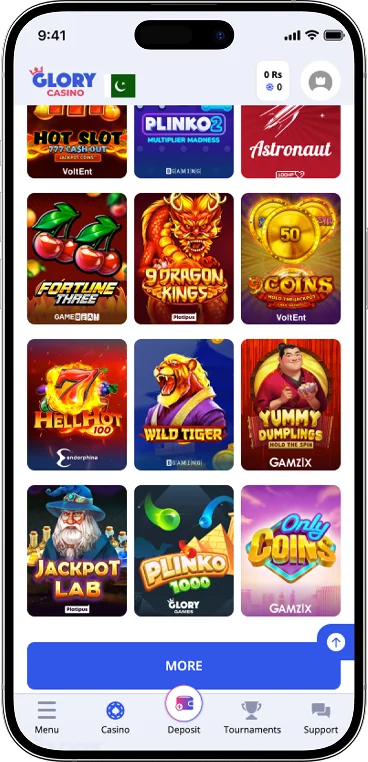 Screen mobile Glory Casino app